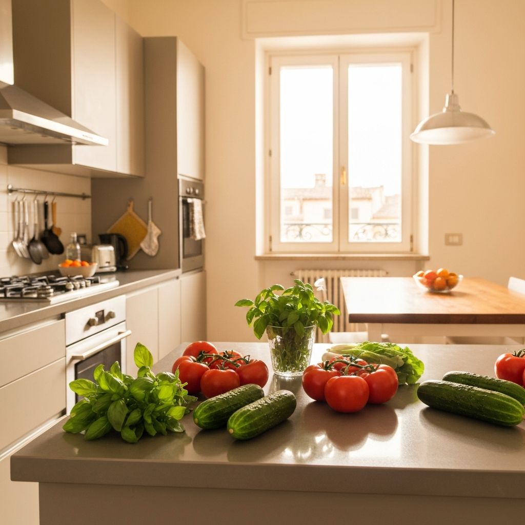 Cucina luminosa con ingredienti freschi